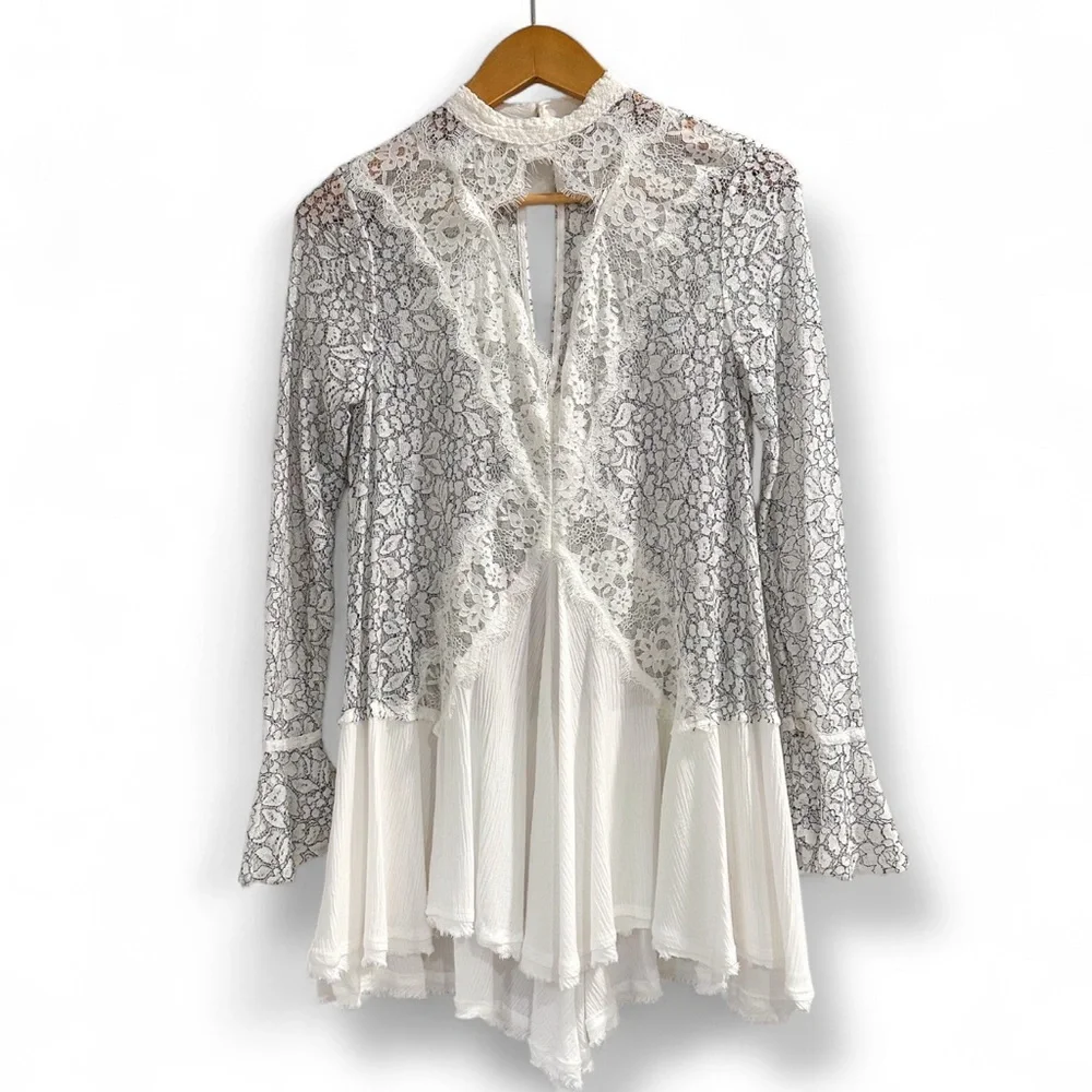 Free People Tell Tale Lace Tunic Mini Dress Ivory Black XS Boho Lace​ - Picture 2 of 7